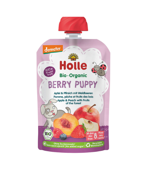 Holle sadni pire KUŽA, jabolko & breskev z gozdnimi sadeži po 8. mesecu, 100g, BIO-DEMETER